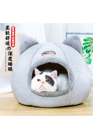 Geeroyoo Kedi Köşesi Kışlık Sıcak Kapalı Desenli Yumuşak Tüy Dolu 35 Cm 12 Kg'a Kadar Uygun Gri Renkli Ev