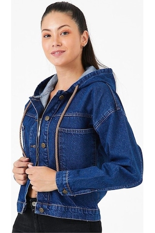 7004-kps Kadın Kapüşonlu Düğmeli Jeans Denim Kot Ceket Siyah