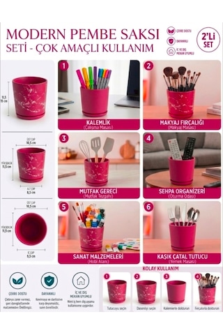 2 Li Seramik Saksı Kalemlik,fırçalık,masa Organizeri / Modern Dekoratif El Yapımı Tasarım Pembe