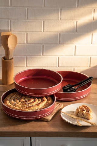 Porsima Montella 3lü Tepsi Seti Fırın Tepsisi 26-28-30cm Kızıl Kırmızı