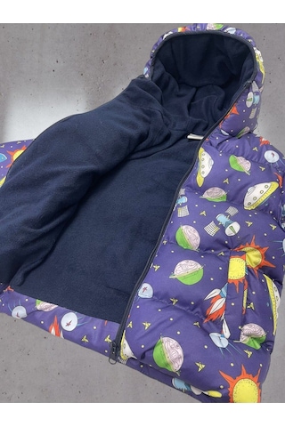 Erkek Çocuk Içi Polarlı Kapüşonlu Ufo Desenli Kışlık Şişme Mont Çok Renkli