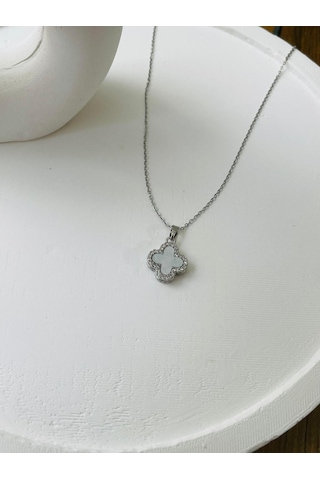 Silver Taşlı Yonca Model Çelik Model Gümüş