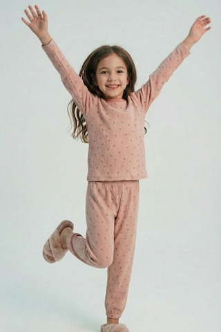 Breeze Kız Çocuk Pijama Takımı Minimal Mini Desenli 4-8 Yaş, Gülkurusu Gülkurusu