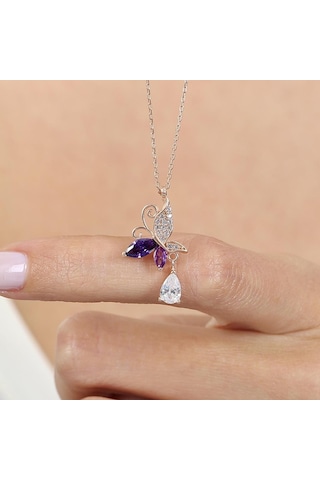 Mia vento Ametist Taşlı Kelebek Parıltısı Rose Renk Gümüş Kolye