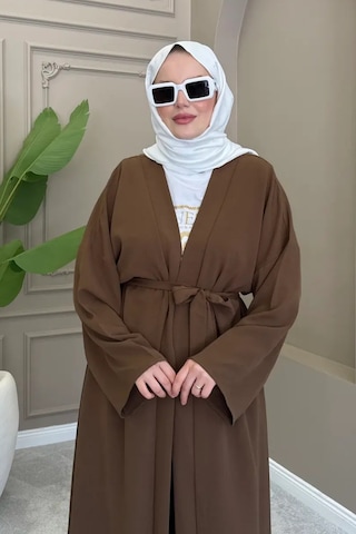 Balenbi Kadın Kuşaklı Kimono Hırka Bol Paça Pantolon Takım Tesettür 2'li Kombin 1230 Kahverengi