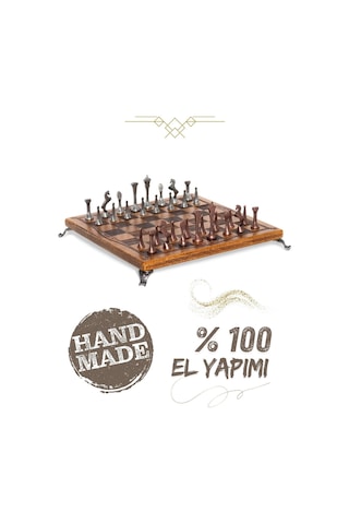 Mc34 Metal Satranç Takımı Gerçek Kayın Ağacı Satranç Tahtası - 25x25cm Antik Metal Taşlar