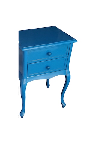 Komodin Aslan Lükens Ayak 2 Çekmece 1 Adet Parlak Mavi Lake Boya Porselen Kulp Kayın Torna El Yapım