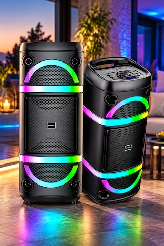 Bs-115 Kablosuz Mikrofonlu Bluetooth Hoparlör Çift 8 Inç Rgb Işıklı Karaoke Tws Usb Destekli