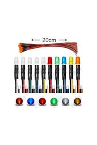 5 Adet 12 V 5mm Kırmızı Diffüz Led 20 Cm Kablolu Kırmızı