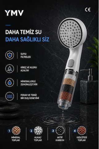 Ymv Mineralli Filtreli 5 Fonksiyonlu Duş Başlığı Start Stop Butonlu Basınç Destekli Banyo El Duşu Beyaz