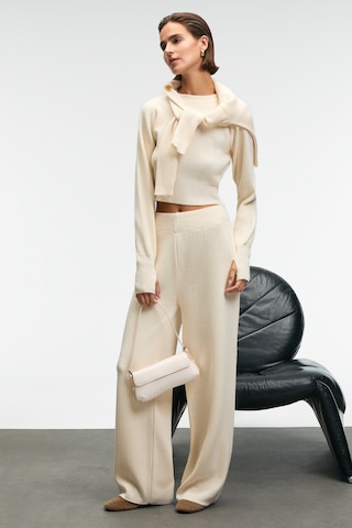 Grımelange Marıposa Kadın Yuvarlak Yaka Çizgi Desenli Crop Geniş Paça Triko Ekru Alt-üst Takım ekru