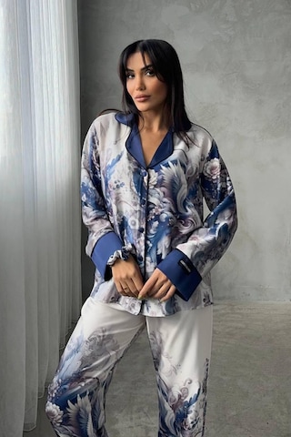Gizotti D Acqua Saten Üçlü Pijama Takımı S Beyaz - Açık Mavi
