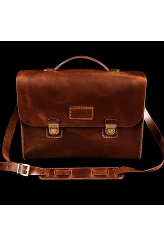 Twingold İsme Özel Evrak Çantası - Messenger Bag - %100 Deri - Ac09001 - Koyu Kahverengi Koyu Kahverengi