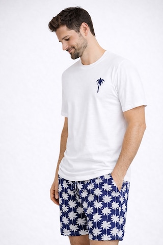 Erkek Pamuklu Kısa Kollu Palmiye Desenli Cepli Şortlu Pijama Takımı Ke77626 Lacivert - Beyaz