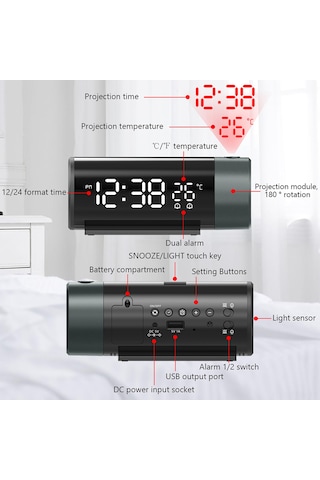 Tenfowee Fj1006a Siyah Led Projeksiyon Alarm Saati: Usb Şarj, 4 Seviye Parlaklık, Snooze, Sıcaklık Göstergesi Ve 180 Döner Projeksiyon