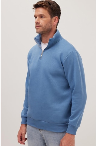 Tudors Unisex Relax Fit Rahat Kesim Pamuklu İçi Polarlı Yarım Fermuarlı Petrol Mavi Dik Yaka Sweatshirt-35158 Petrol Mavi