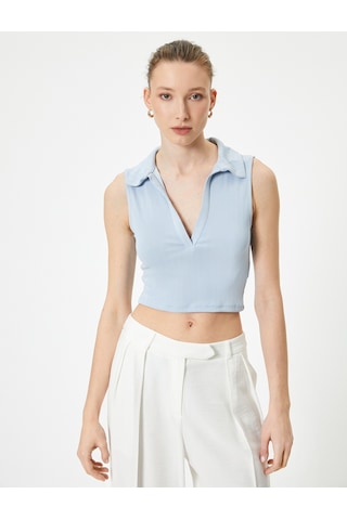 Koton Crop Atlet Polo Yaka Fitilli Modal Karışımlı Standart Kesim Mavi 4sak10256ek Mavi