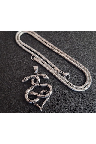 Çift Başlı Tasarım Erkek Paslanmaz Çelik Yılan Kolye Gümüş