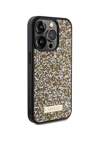 Apple Uyumlu iPhone 15 Pro Kılıf Guess Lisanslı Taşlı Arka Yüzey Metal Yazı Logolu Kapak Siyah