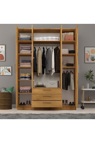 Asra Trend 4 Kapaklı Gardırop G-02 %100 MDF 3 Çekmeceli Fonksiyonel Elbise Dolabı Petra
