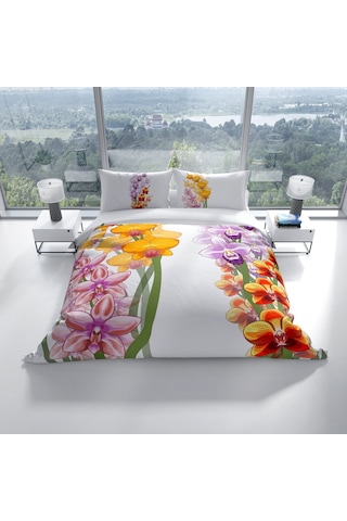 Cattleya Orchid 3D Pamuk Saten Çift Kişilik Nevresim Takımı Çok Renkli