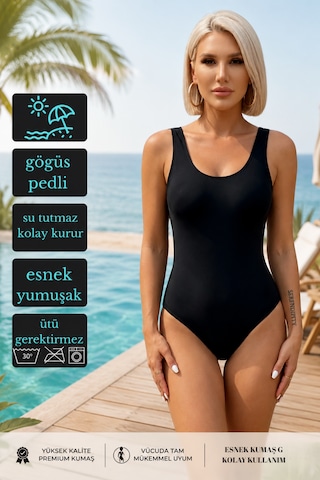 Mrm Pro Kadın Siyah Düz Renk Toparlayıcı Basic Mayo Pedli Esnek Kumaş Deniz Havuz Plaj Mayosu