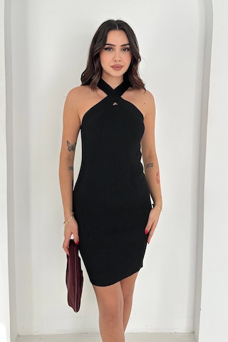 Asprin Fashion Çapraz Yaka Triko Elbise Siyah Siyah