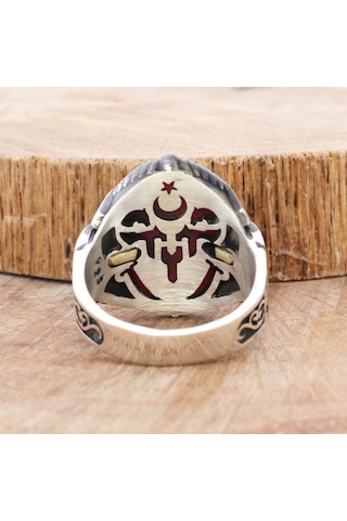 925 Ayar Gümüş Kırmızı Zirkon Taşlı Ay Yıldız Erkek Yüzük