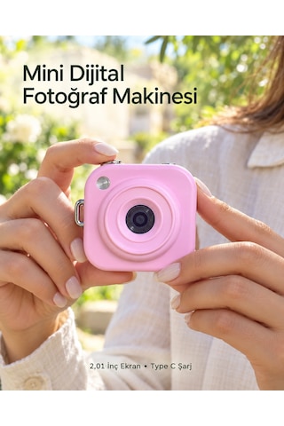 Type C Şarjlı Pembe Mini Fotoğraf Makinesi Taşıma Askılı Dijital Kamera - Lisinya Belirtilmemiş