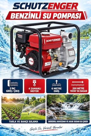 9 Hp 3 Inç Çıkışlı Benzinli Su Pompası 200 Mt Yatay Su Basar 4 Zamanlı Motor Turbo Güç Kırmızı