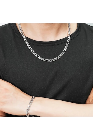 Gns Aksesuar Silver Renk Unisex Figaro Model Zincir Kolye Ve Bileklik Set 2,5