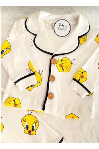 Minipanda Kız Erkek Unisex Lüx Alt-üst 2 Parça Desenleri Canlı Pamuklu Pijama Takımı Ekru Tweety Desenli