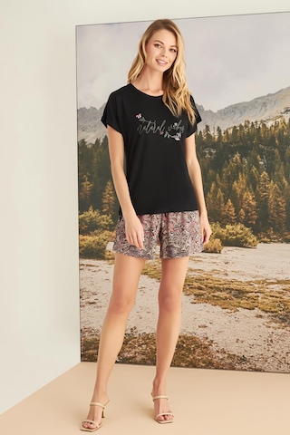 Monamise Kadın Yaprak Desenli Natural Vibes Şort Takımı 23172-siyah Siyah