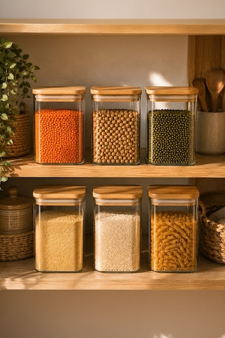 Porsima 5-3 Bambu Vakumlu Kapaklı Kare Borsilikat Cam 6lı Kavanoz Seti Saklama Kabı 750ml 7,5x15cm Ahşap - Şeffaf