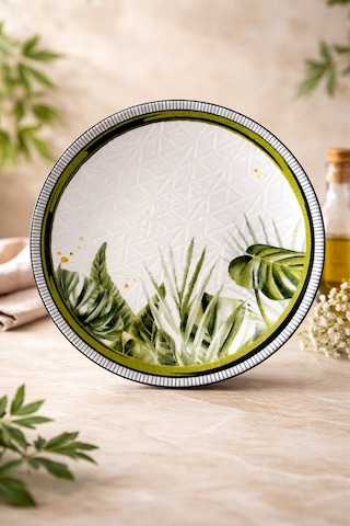 Yeşil Tropikal Desenli Pasta Tabağı Seti 6 Adet 20 Cm - Modern Şık Sunum Tabakları Koyu Yeşil