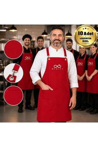Logonuza Özel 10 Adet Kırmızı Profesyonel Mutfak Önlüğü - Su İticili Pamuk Kumaş Şef Önlüğü Bitmeyencom37877- Bk Kurumsal