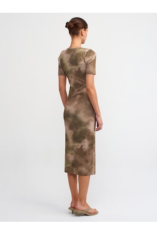 Dilvin Bisiklet Yaka Kısa Kol Baskılı Triko Elbise Haki