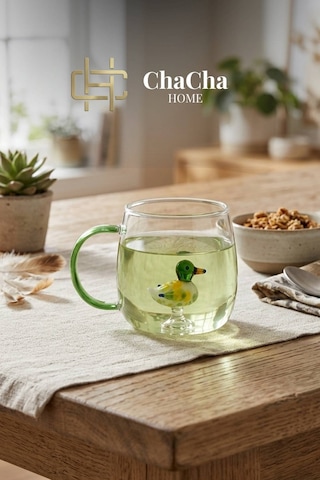 Chacha Home Figürlü Borosilikat Cam Kupa 350 Ml - Renkli Kulplu Bardak - El Yapımı Cam Figürlü Sunum Kupası Ördek Figür