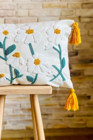 Swita Home Punch İşlemeli Tekli Dekoratif Papatya Desen Kırlent Kılıfı Panç Beyaz