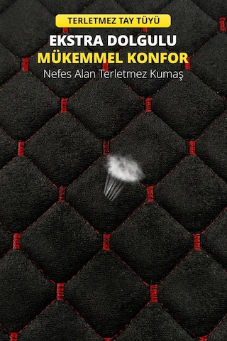 Tay Tüyü Sırtlı Oto Koltuk Minder Seti - Oto Koltuk Kılıf Seti - Cepli & Terletmez - Siyah Kırmızı