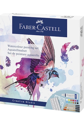 Faber-Castell Suluboya Boyama Seti 18 Parça,Sulu Boya Tüpü,Sulu Boya Fırçası, Karıştırma Paleti ve Çizim Şablonu
