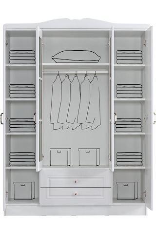 setaymobilya Gardırop, Country West 4 Kapaklı Çekmeceli Aynalı Mdf Dolap Beyaz