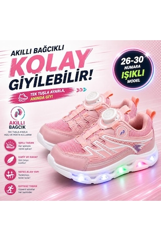 Promax Akıllı Bağcıklı Işıklı Çocuk Spor Ayakkabı Pembe 26-30 Kolay Giyilebilir
