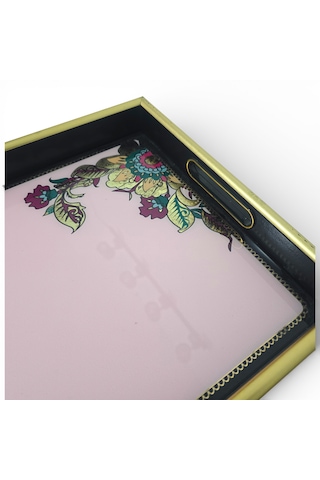 Sudedi Home Pembe Zeminli Çiçek Desenli Altın Çerçeveli Melamin Sunum Tepsisi 31x46 Cm Pembe