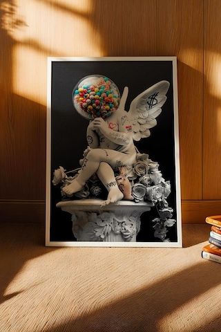 Pop Art Cupido Eros Melek Heykeli Grafiti Çerçeveli Tablo Sokak Sanatı Ofis İş Yeri Dekoru Modifiye Sanat