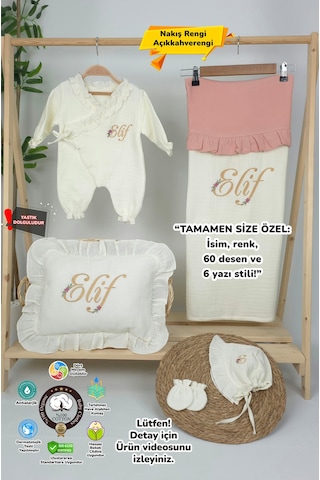 Gros Shop Müslin Yeni Doğan 4katlı Organik %100pamuk Kişiye Özgü Nakışlı Hastane Çıkış Seti Papatya Model-7 Ekru