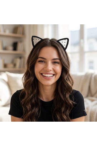 Kedi Kulaklı Siyah Puantiyeli Dantelli Taç Kedi Kız Anime Aksesuarı Anime Saç Aksesuarı