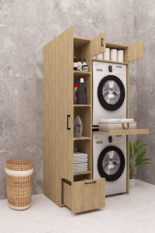 Mdf Çamaşır Makinesi Ve Kurutma Makinesi Dolabı Ütü Masalı Ahşap Lefkas Meşe