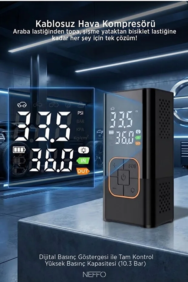 Taşınabilir Lastik Şişirme 150 Psi Pompa Çift Ekran Dijital Hava Pompası Hava Kompresör Powerbank 0 - 150 Psı 0 - 10 Bar
