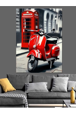 Siyah Beyaz Londra Kırmızı Telefon Kulubesi Ve Scooter Motor Dekoratif Kanvas - Mdf Ahşap Tablo